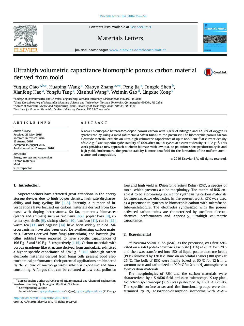 Ultrahigh volumetric capacitance biomorphic porous carbon material derived from mold