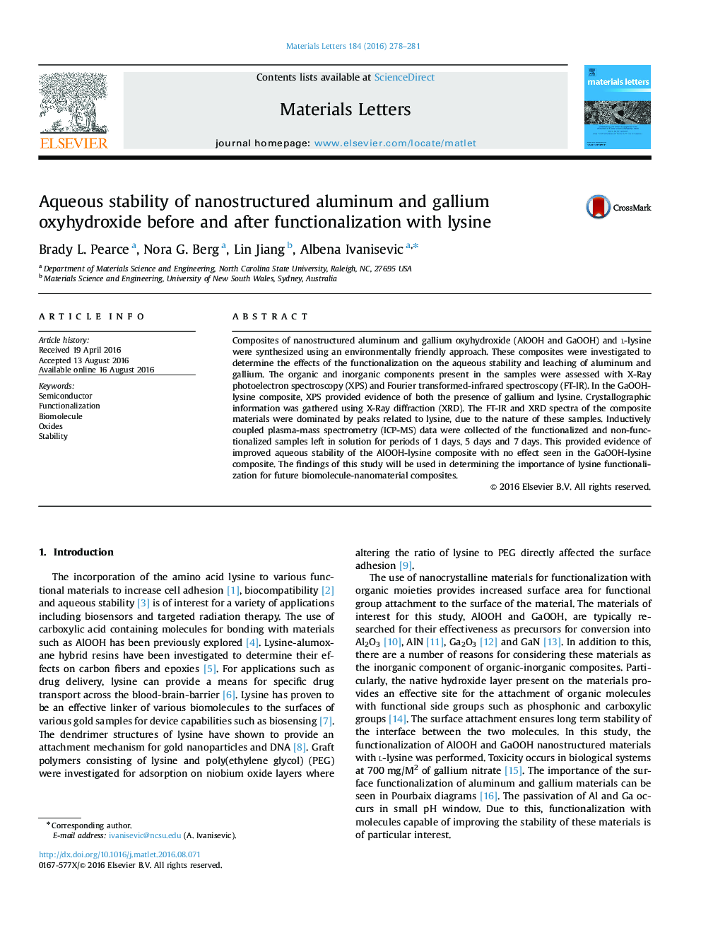 Aqueous stability of nanostructured aluminum and gallium oxyhydroxide before and after functionalization with lysine