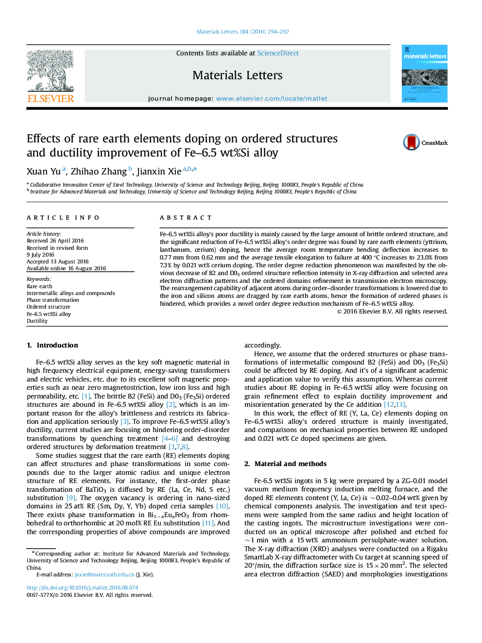 Effects of rare earth elements doping on ordered structures and ductility improvement of Fe-6.5Â wt%Si alloy