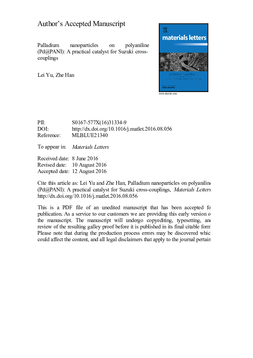 Palladium nanoparticles on polyaniline (Pd@PANI): A practical catalyst for Suzuki cross-couplings