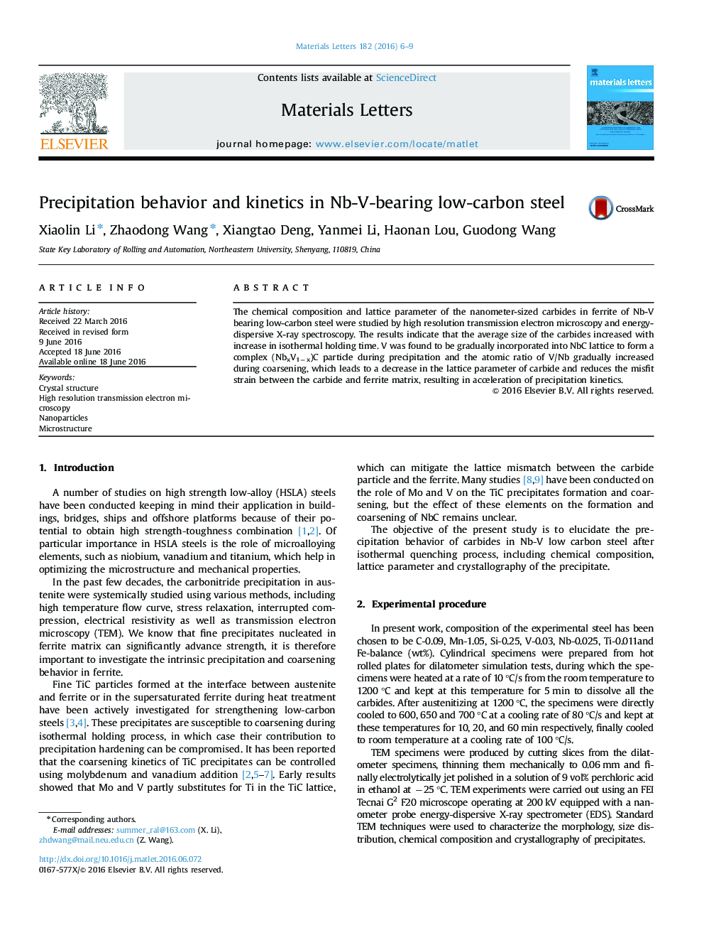 Precipitation behavior and kinetics in Nb-V-bearing low-carbon steel