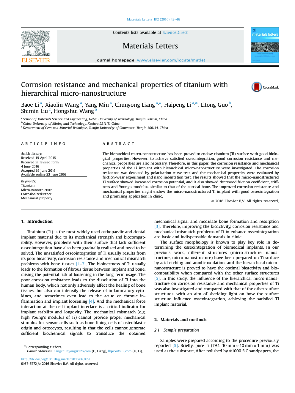 Corrosion resistance and mechanical properties of titanium with hierarchical micro-nanostructure