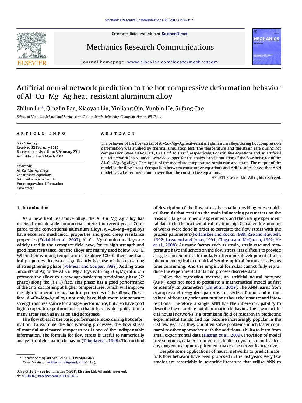 Artificial neural network prediction to the hot compressive deformation behavior of Al–Cu–Mg–Ag heat-resistant aluminum alloy