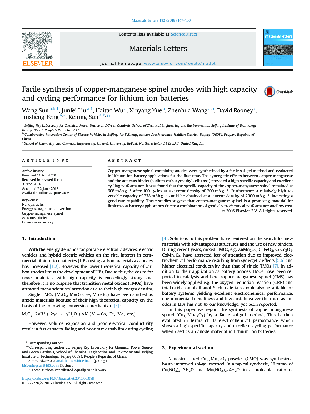 Facile synthesis of copper-manganese spinel anodes with high capacity and cycling performance for lithium-ion batteries