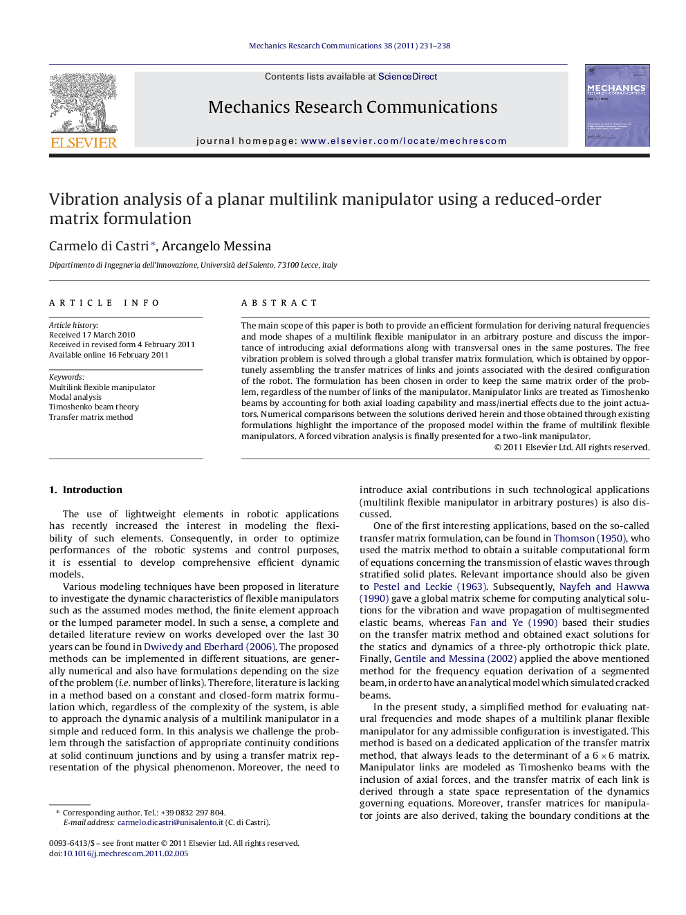 Vibration analysis of a planar multilink manipulator using a reduced-order matrix formulation