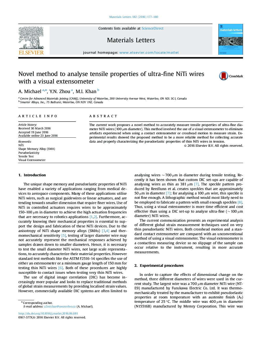 Novel method to analyse tensile properties of ultra-fine NiTi wires with a visual extensometer