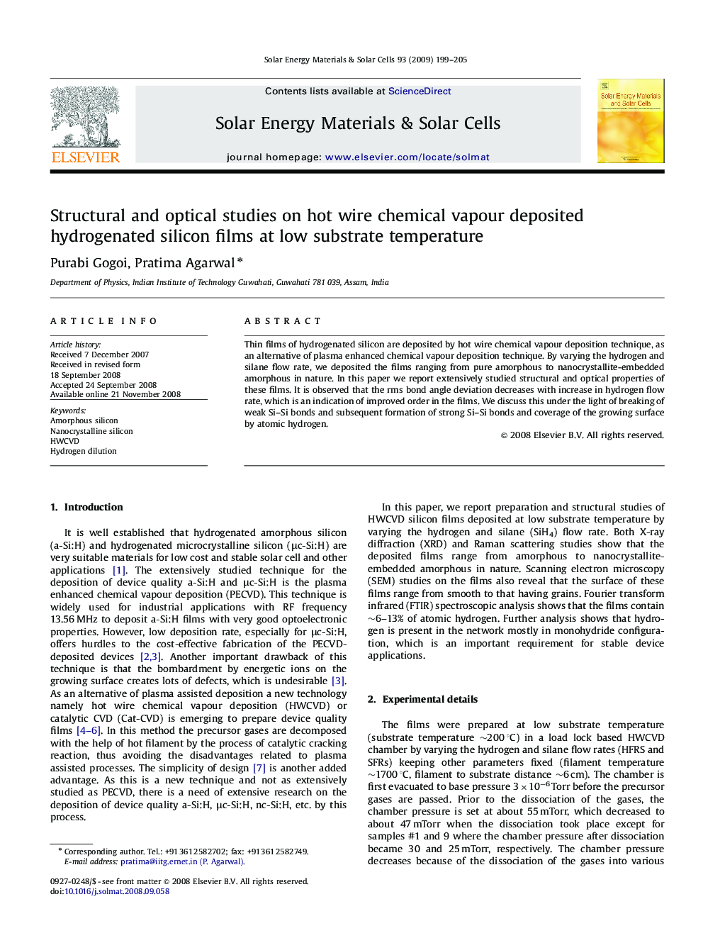 Structural and optical studies on hot wire chemical vapour deposited hydrogenated silicon films at low substrate temperature