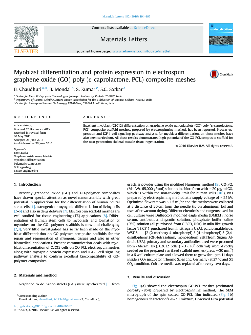 Myoblast differentiation and protein expression in electrospun graphene oxide (GO)-poly (Îµ-caprolactone, PCL) composite meshes