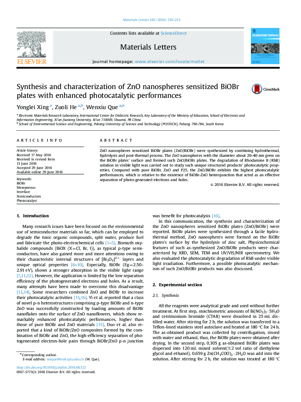 Synthesis and characterization of ZnO nanospheres sensitized BiOBr plates with enhanced photocatalytic performances