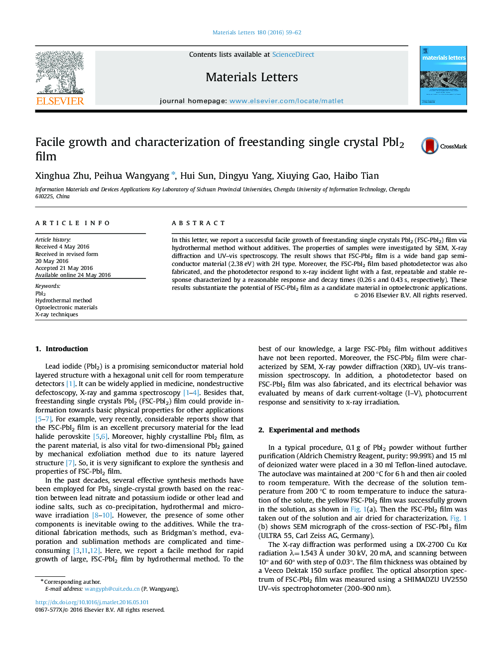 Facile growth and characterization of freestanding single crystal PbI2 film