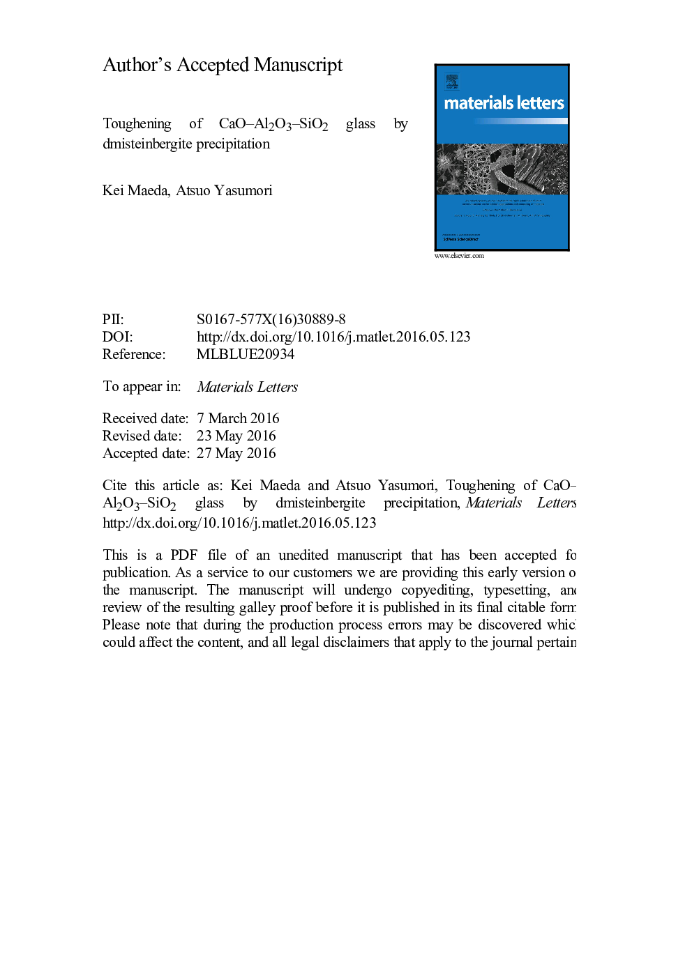 Toughening of CaO-Al2O3-SiO2 glass by dmisteinbergite precipitation