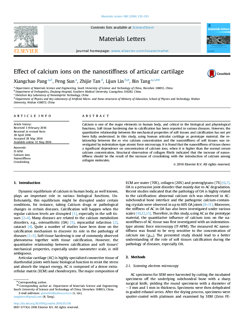 Effect of calcium ions on the nanostiffness of articular cartilage