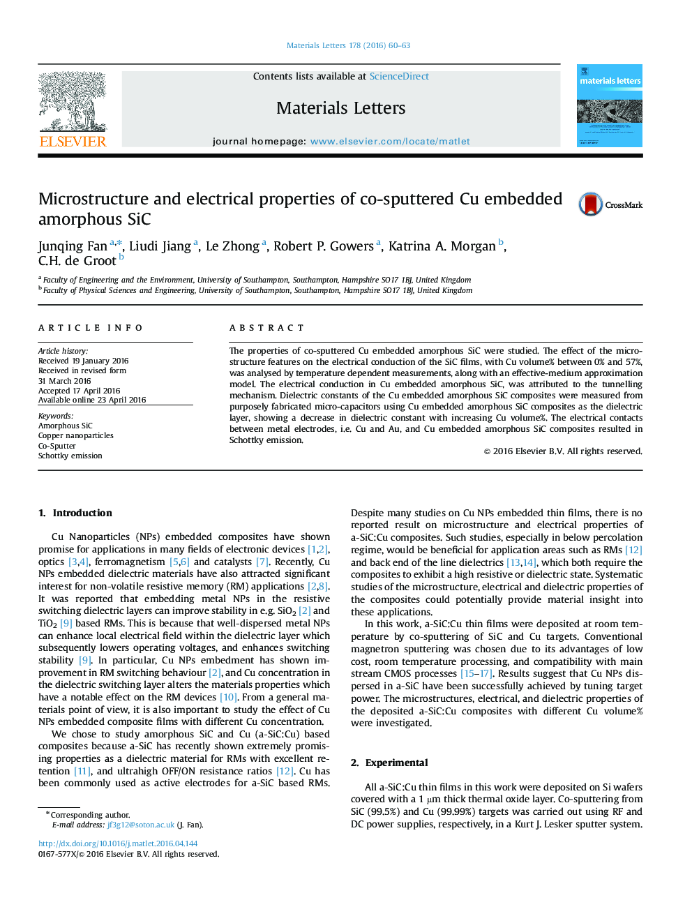 Microstructure and electrical properties of co-sputtered Cu embedded amorphous SiC