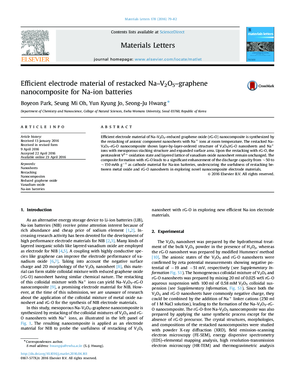 Efficient electrode material of restacked Na-V2O5-graphene nanocomposite for Na-ion batteries