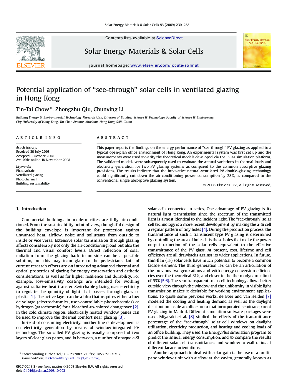 Potential application of “see-through” solar cells in ventilated glazing in Hong Kong