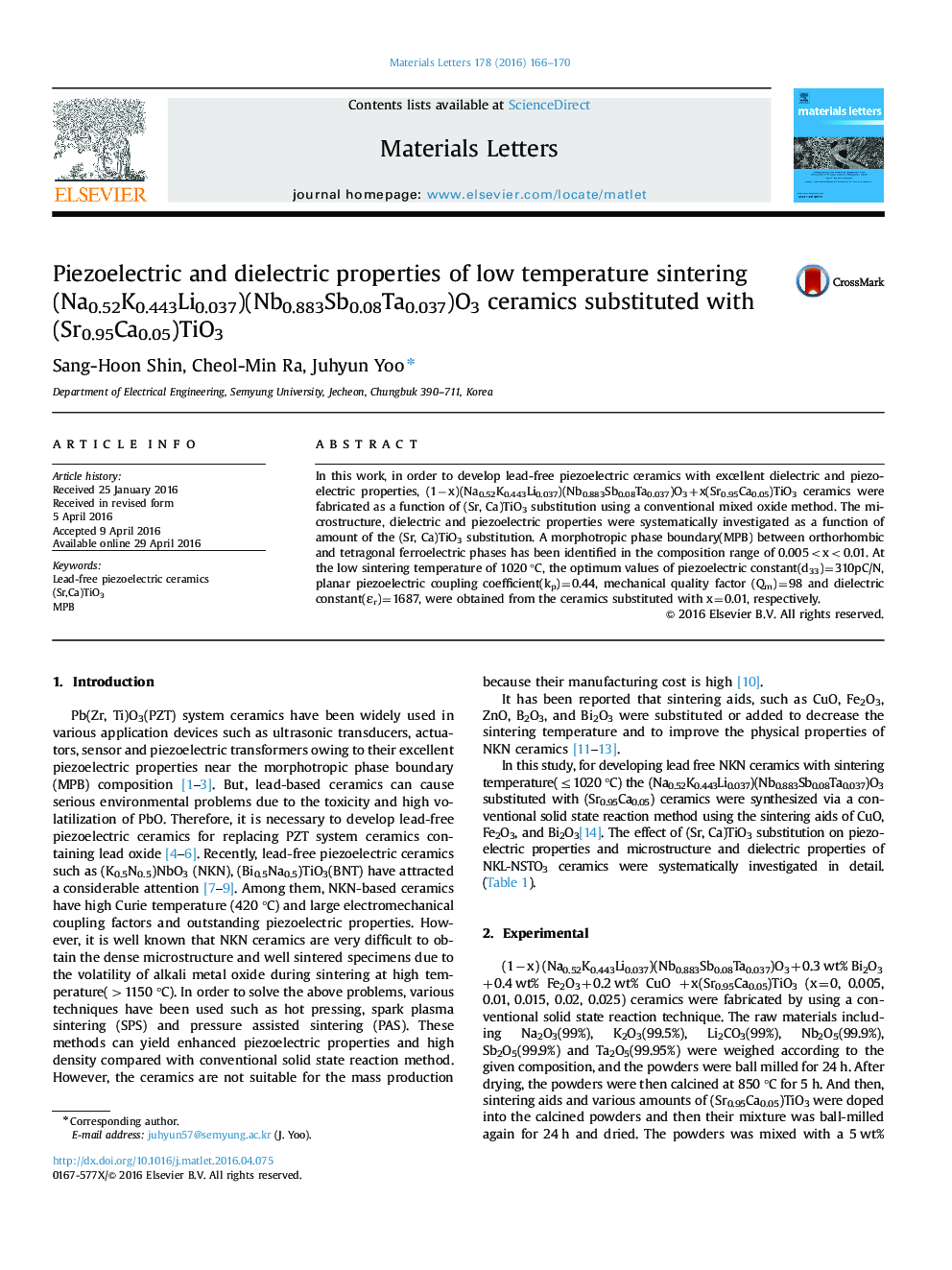 Piezoelectric and dielectric properties of low temperature sintering (Na0.52K0.443Li0.037)(Nb0.883Sb0.08Ta0.037)O3 ceramics substituted with (Sr0.95Ca0.05)TiO3