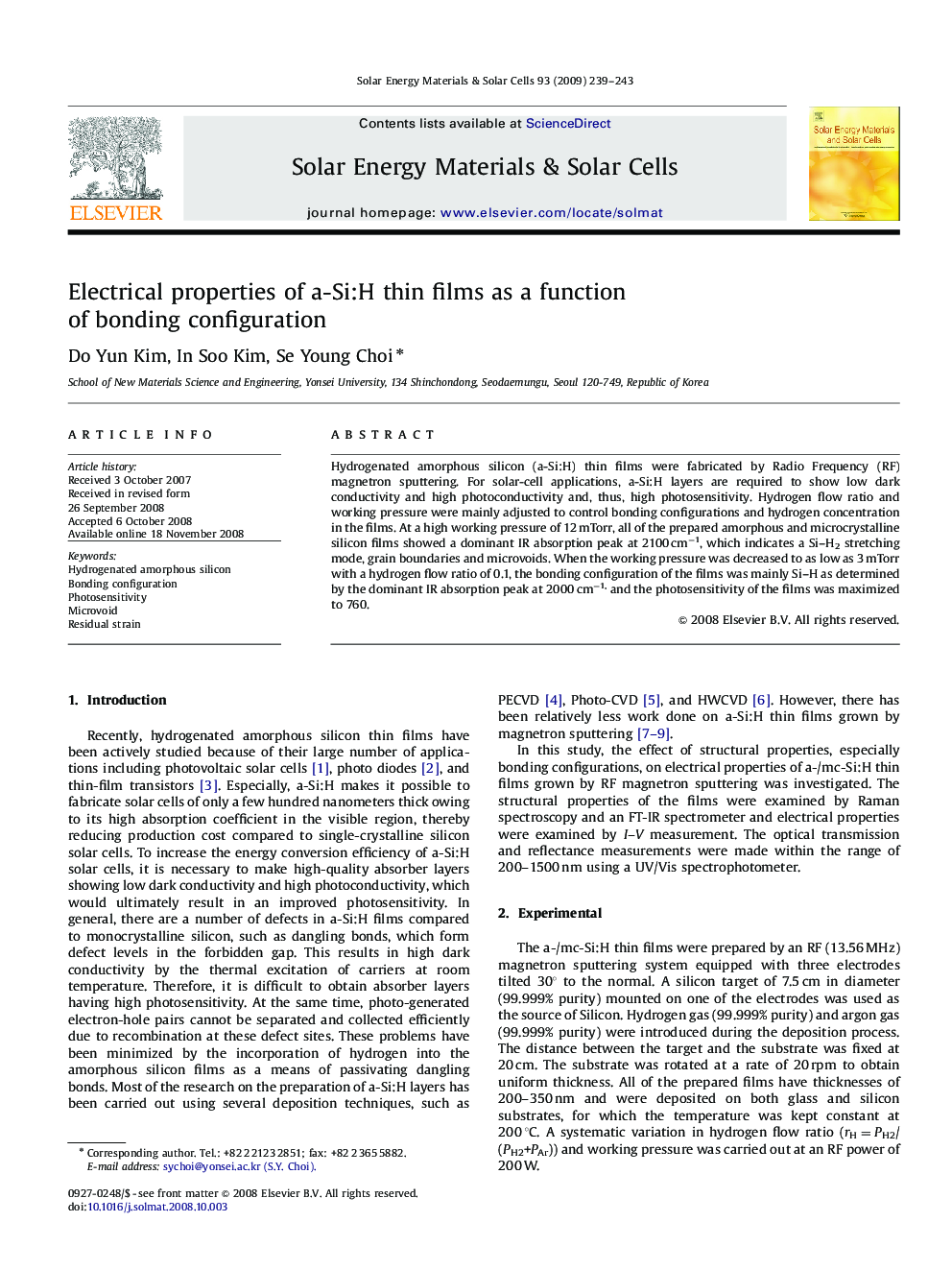 Electrical properties of a-Si:H thin films as a function of bonding configuration