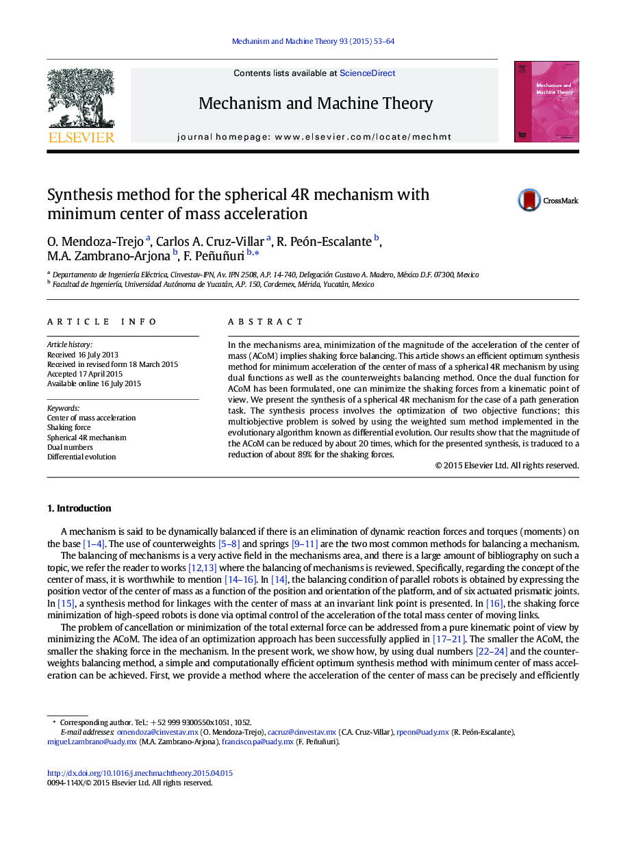 Synthesis method for the spherical 4R mechanism with minimum center of mass acceleration