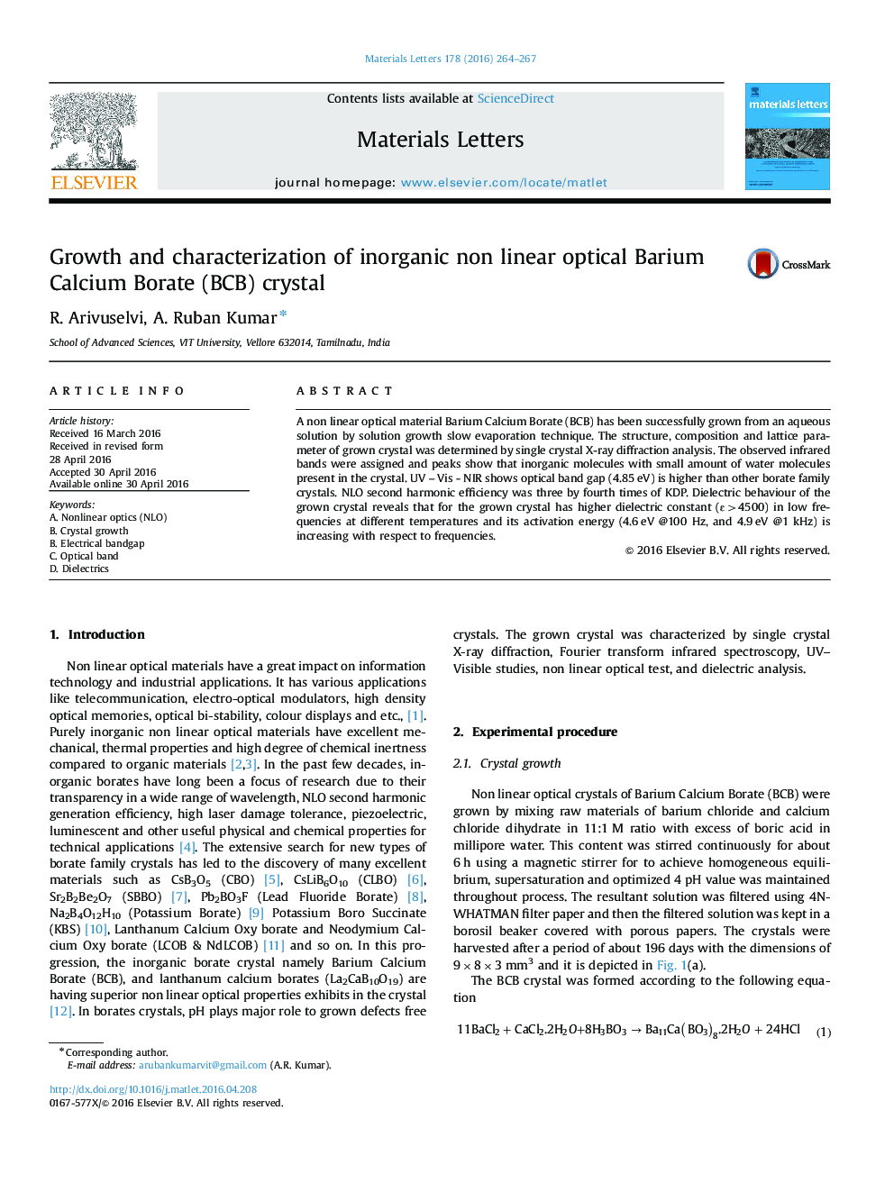 Growth and characterization of inorganic non linear opticalÂ Barium Calcium Borate (BCB) crystal