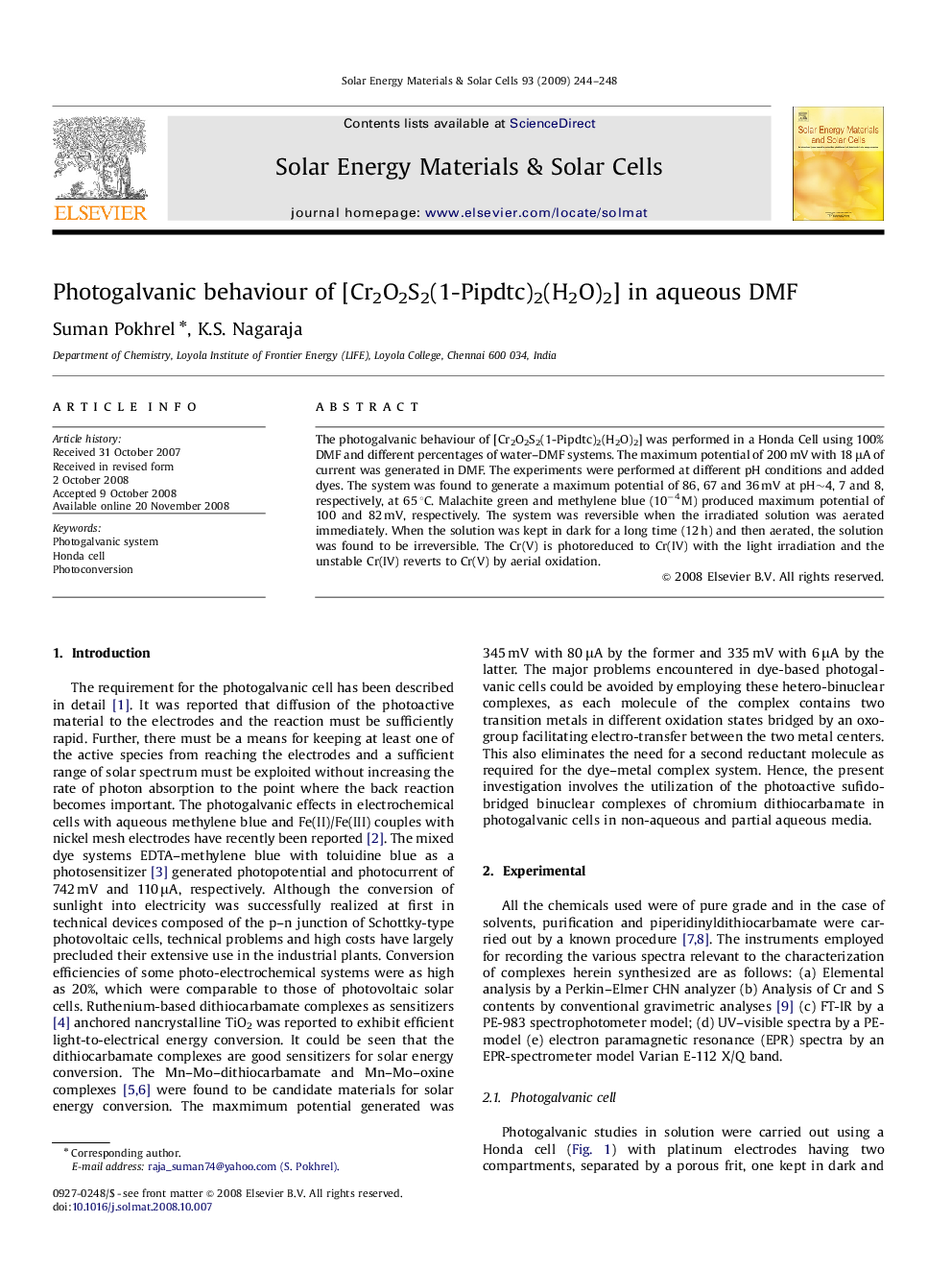 Photogalvanic behaviour of [Cr2O2S2(1-Pipdtc)2(H2O)2] in aqueous DMF