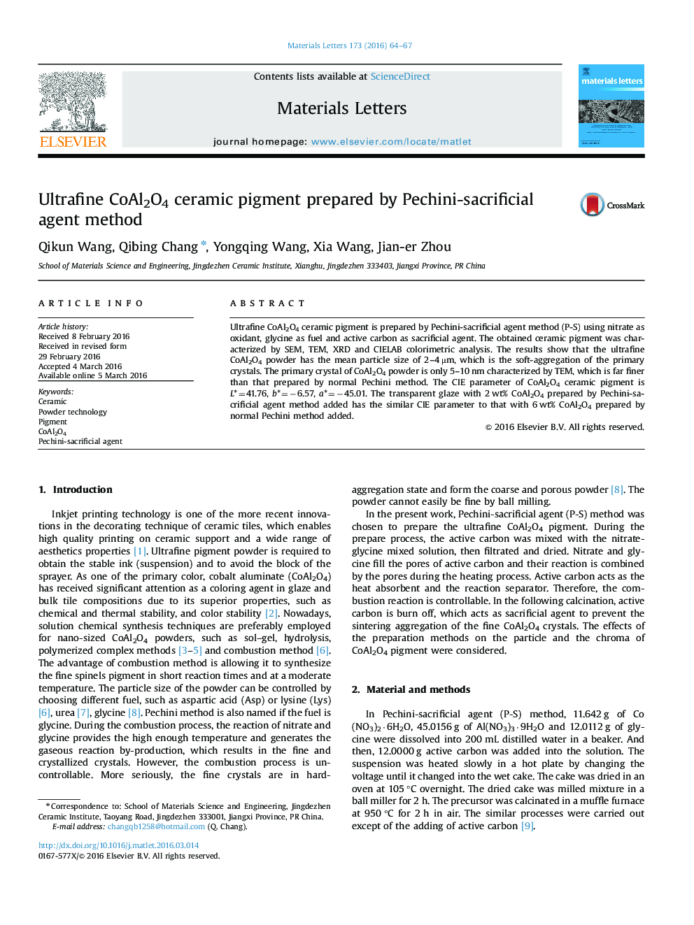Ultrafine CoAl2O4 ceramic pigment prepared by Pechini-sacrificial agent method