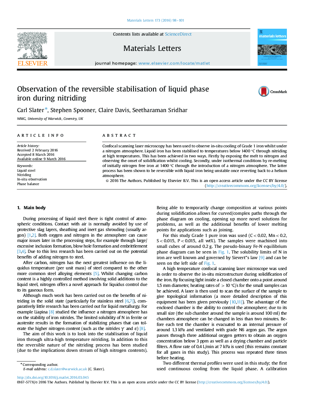 Observation of the reversible stabilisation of liquid phase iron during nitriding