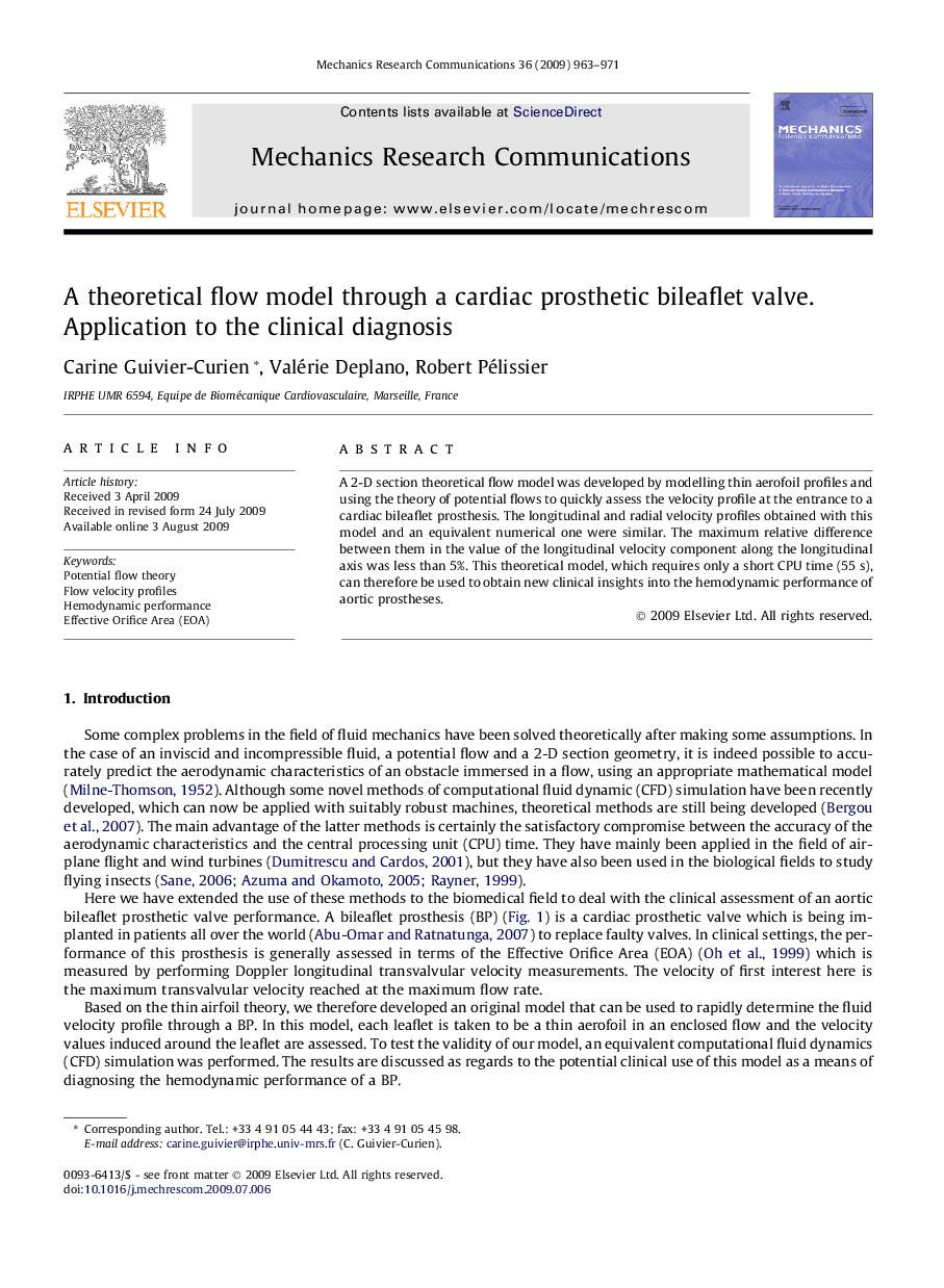 A theoretical flow model through a cardiac prosthetic bileaflet valve. Application to the clinical diagnosis