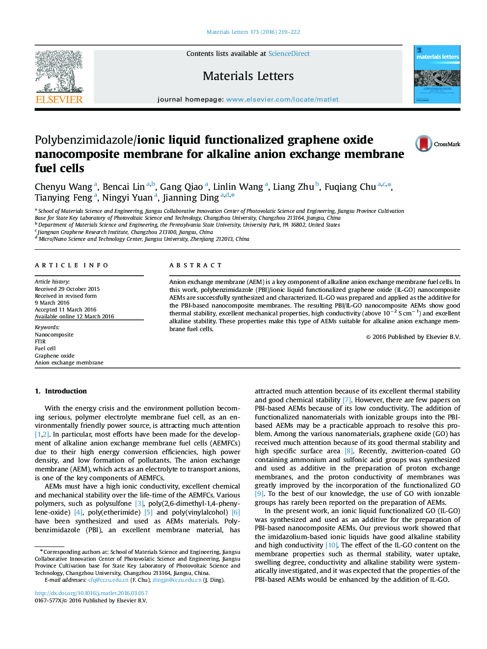 Polybenzimidazole/ionic liquid functionalized graphene oxide nanocomposite membrane for alkaline anion exchange membrane fuel cells