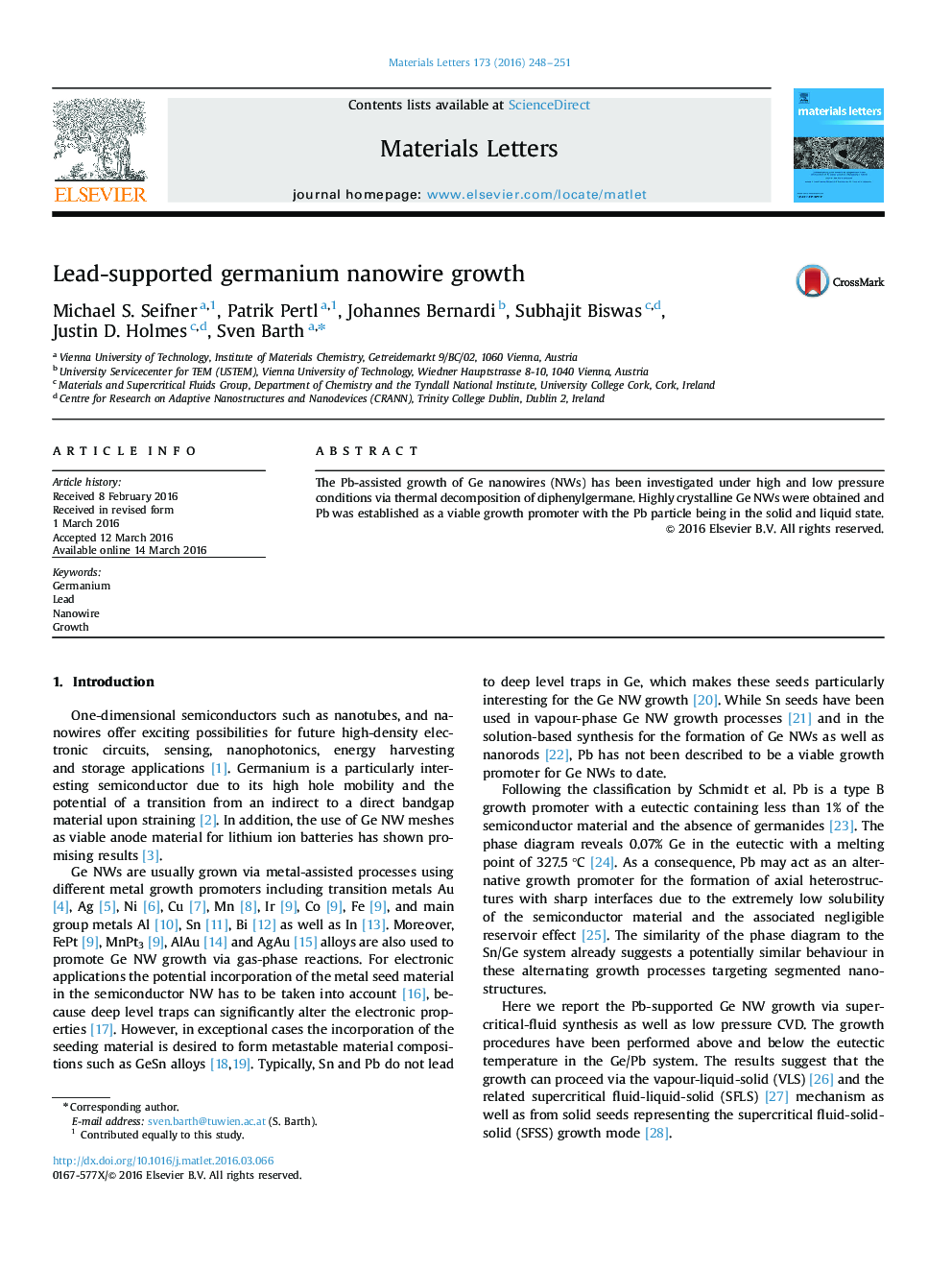 Lead-supported germanium nanowire growth