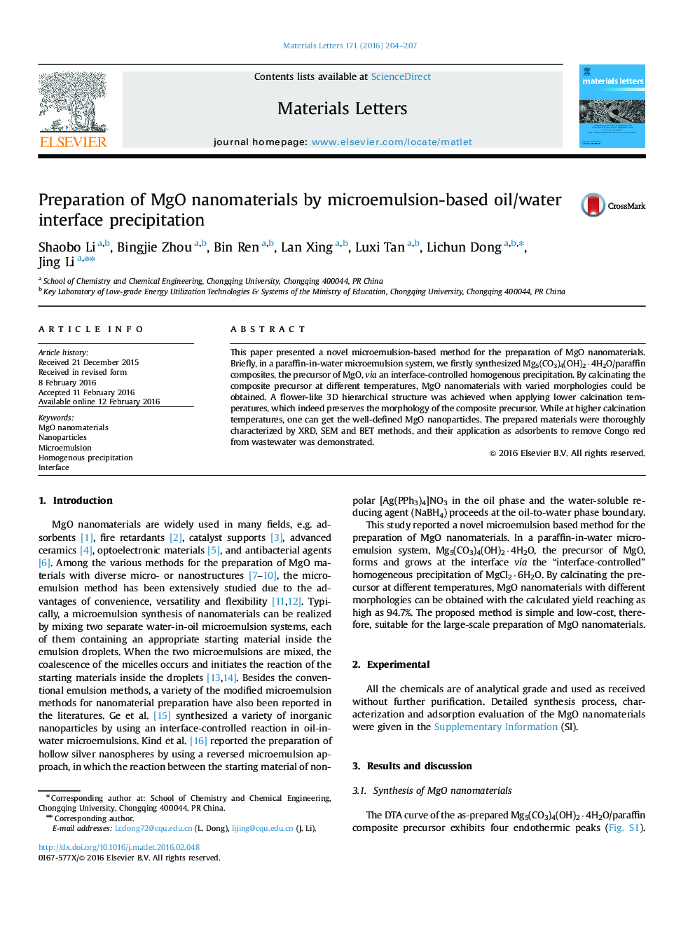 Preparation of MgO nanomaterials by microemulsion-based oil/water interface precipitation