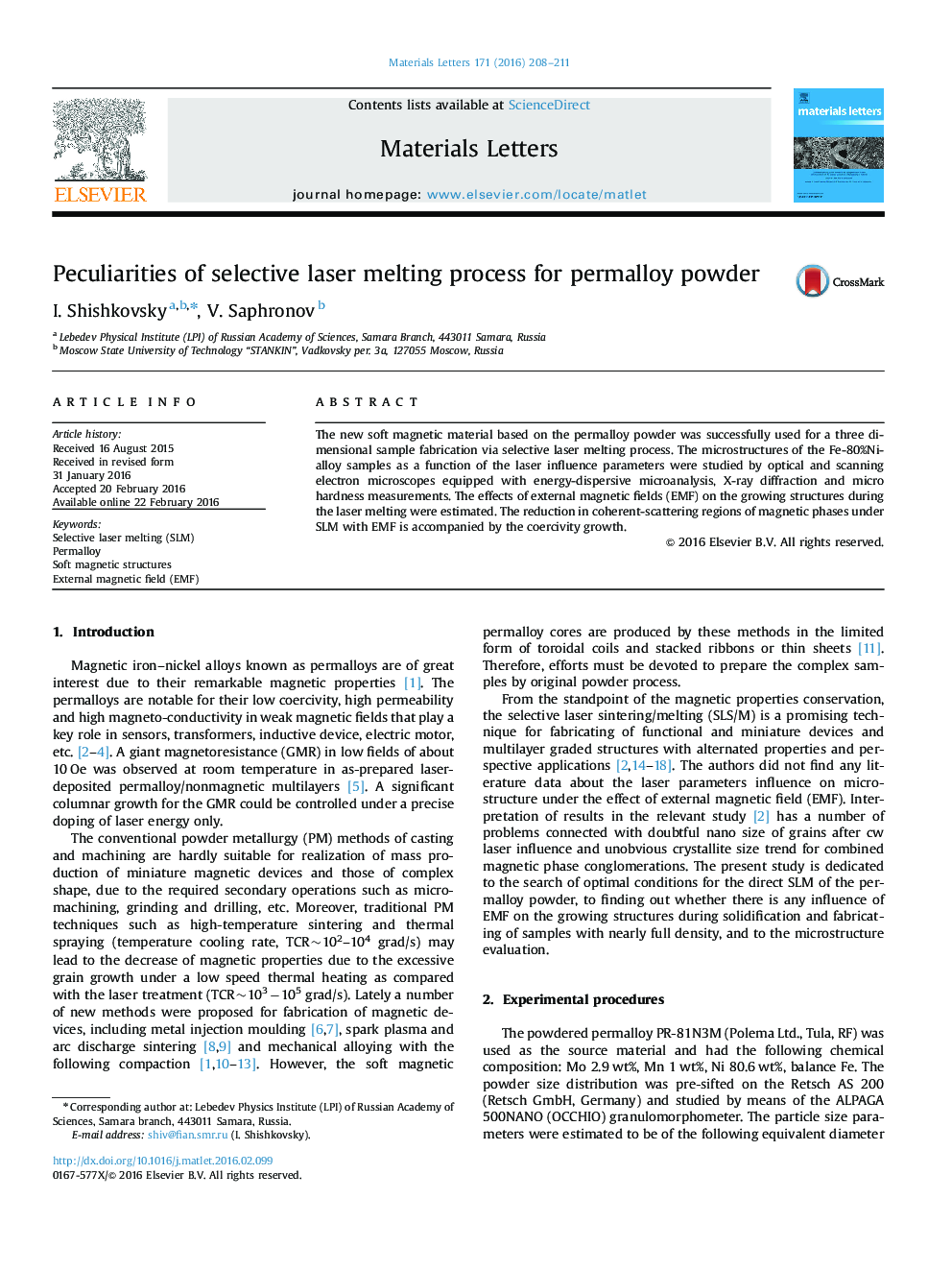 Peculiarities of selective laser melting process for permalloy powder