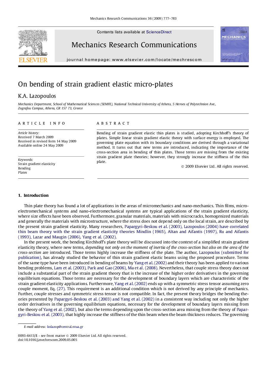 On bending of strain gradient elastic micro-plates