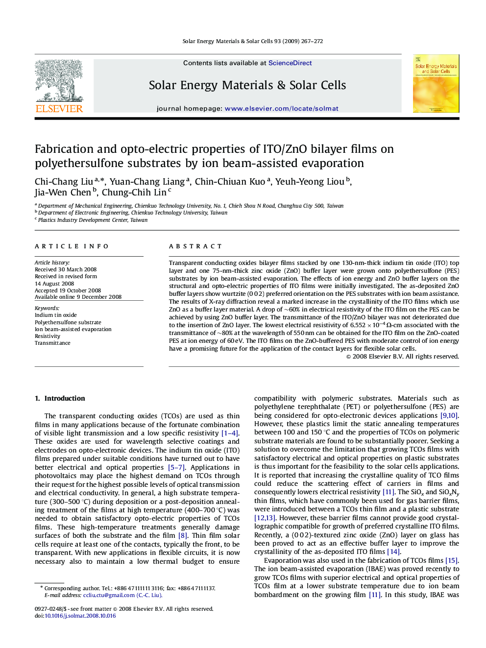 Fabrication and opto-electric properties of ITO/ZnO bilayer films on polyethersulfone substrates by ion beam-assisted evaporation