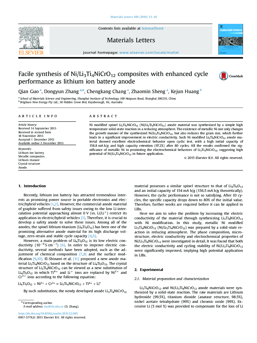 Facile synthesis of Ni/Li3Ti4NiCrO12 composites with enhanced cycle performance as lithium ion battery anode