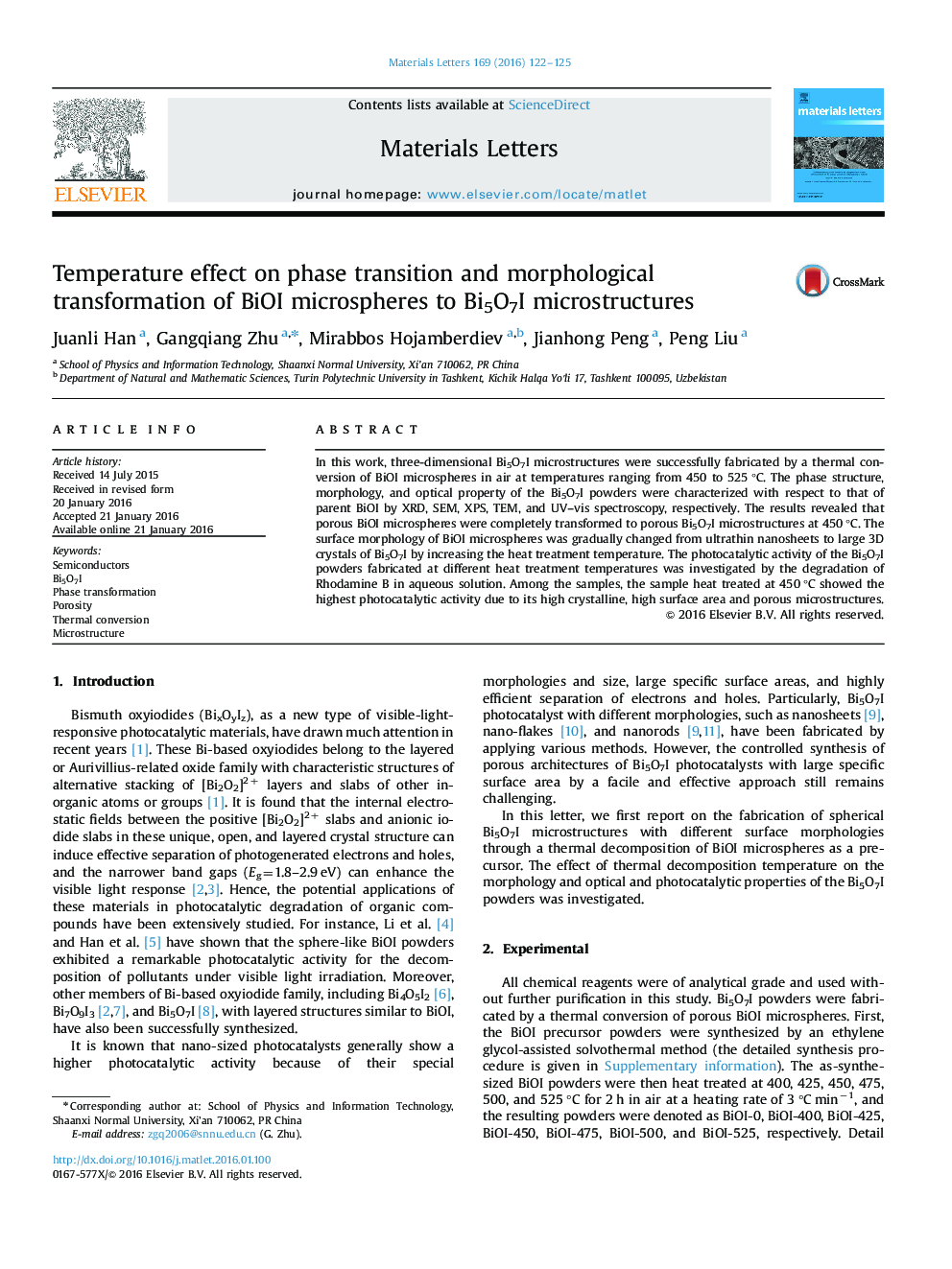 Temperature effect on phase transition and morphological transformation of BiOI microspheres to Bi5O7I microstructures