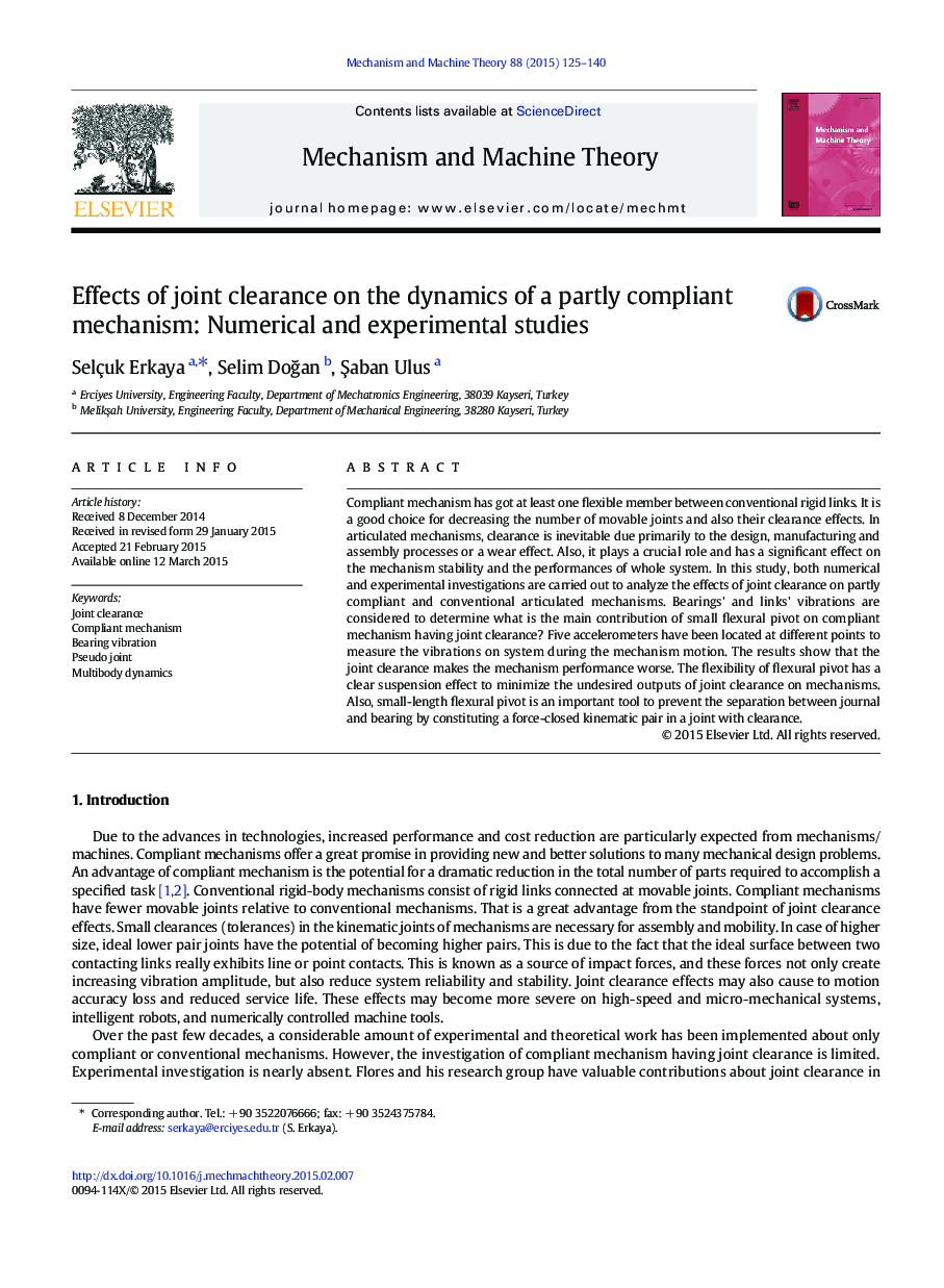 Effects of joint clearance on the dynamics of a partly compliant mechanism: Numerical and experimental studies