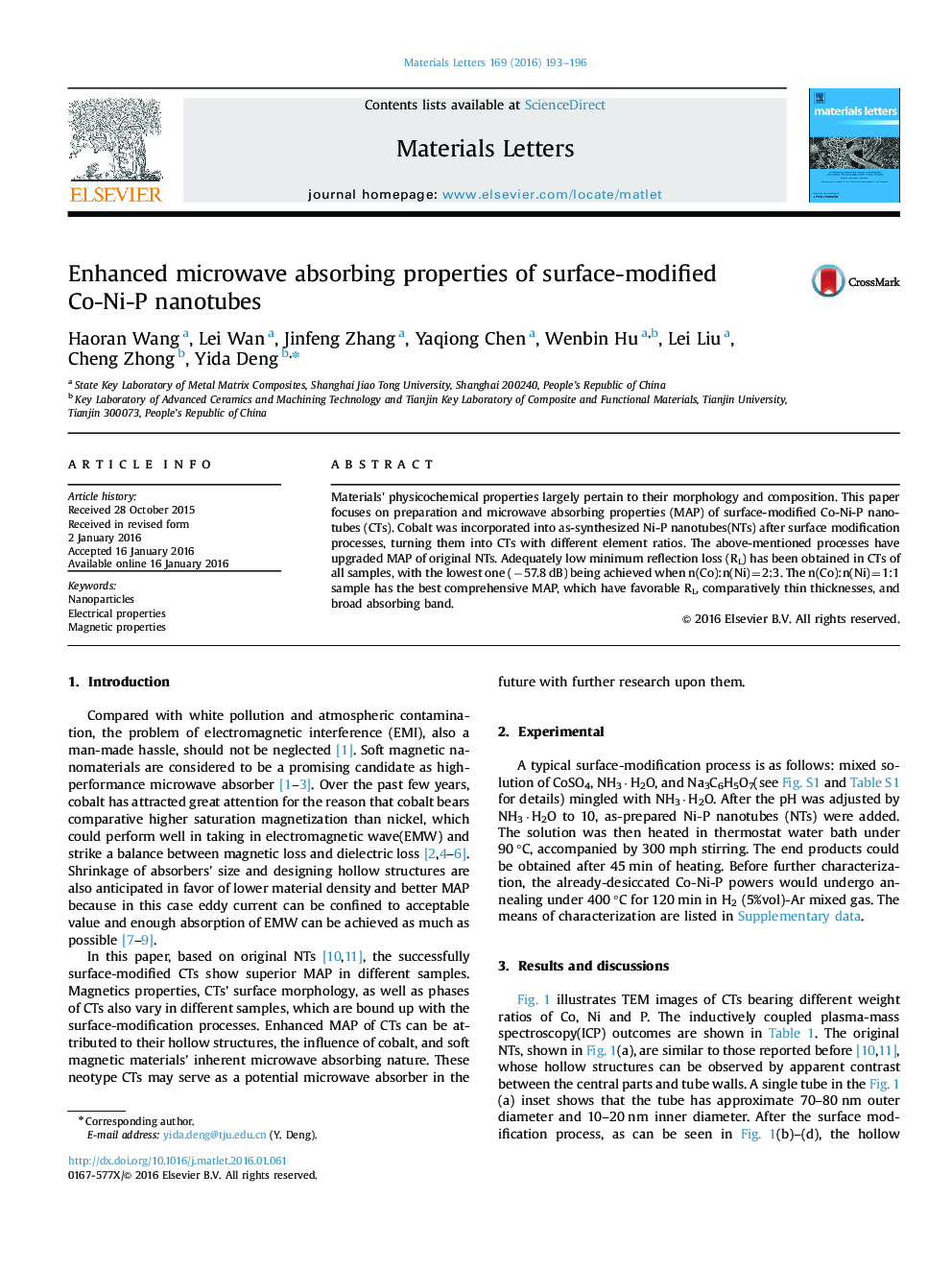 Enhanced microwave absorbing properties of surface-modified Co-Ni-P nanotubes