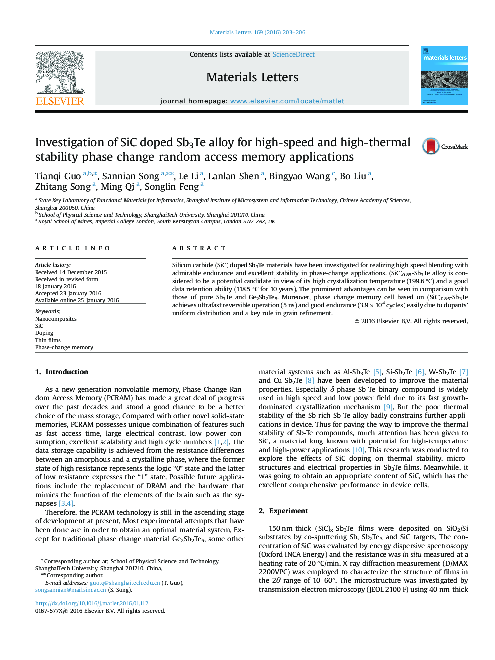 Investigation of SiC doped Sb3Te alloy for high-speed and high-thermal stability phase change random access memory applications