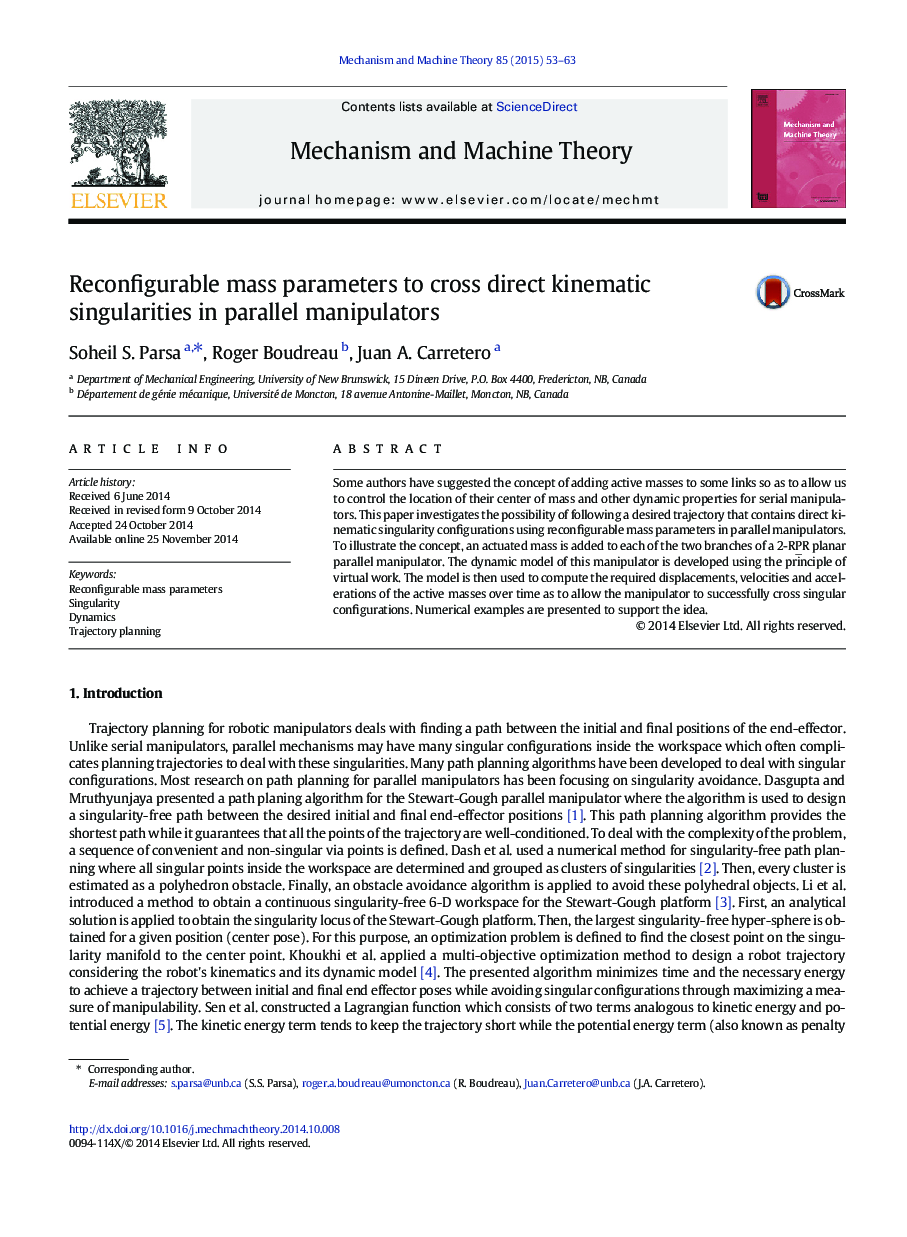 Reconfigurable mass parameters to cross direct kinematic singularities in parallel manipulators