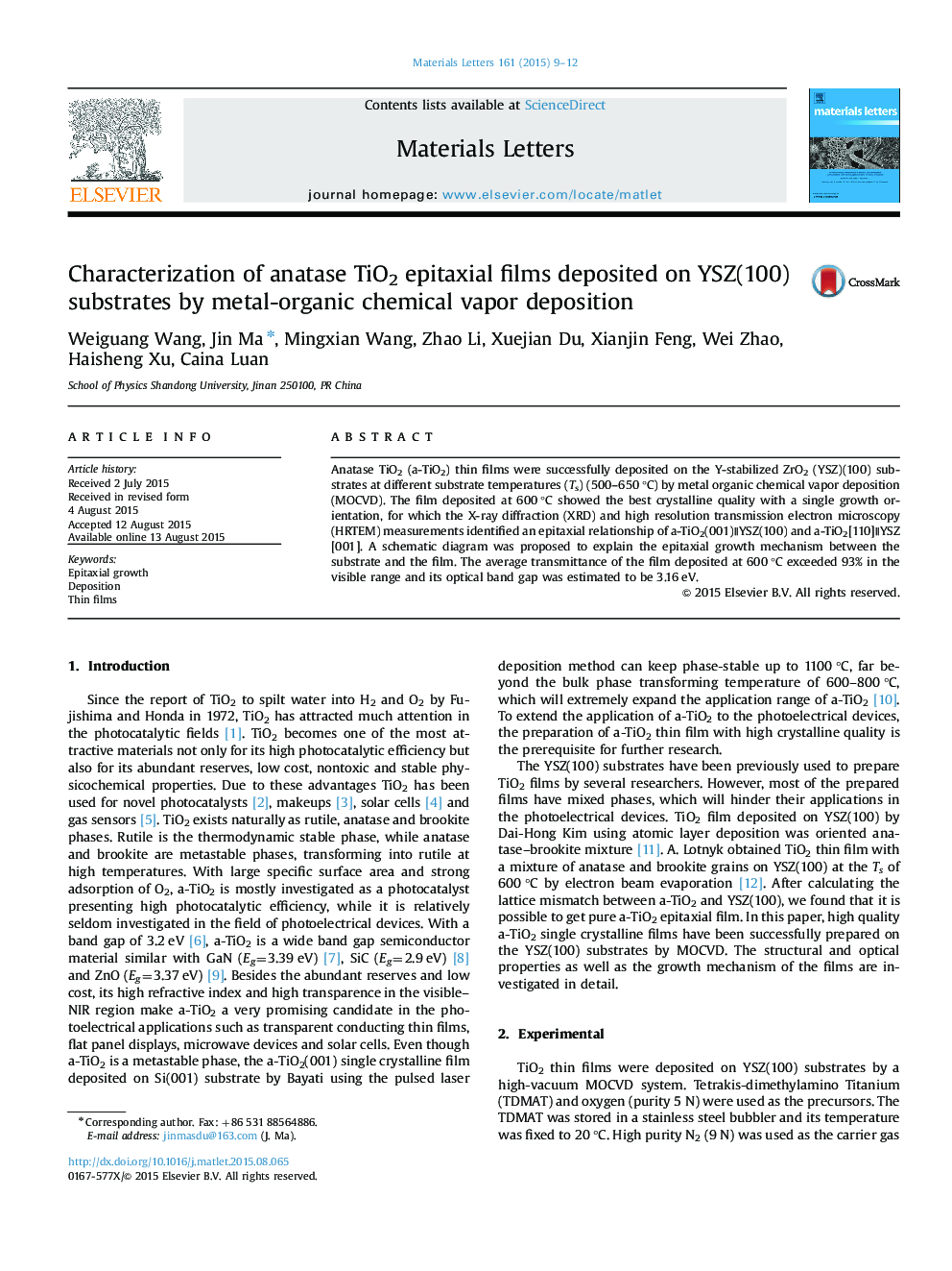 Characterization of anatase TiO2 epitaxial films deposited on YSZ(100) substrates by metal-organic chemical vapor deposition