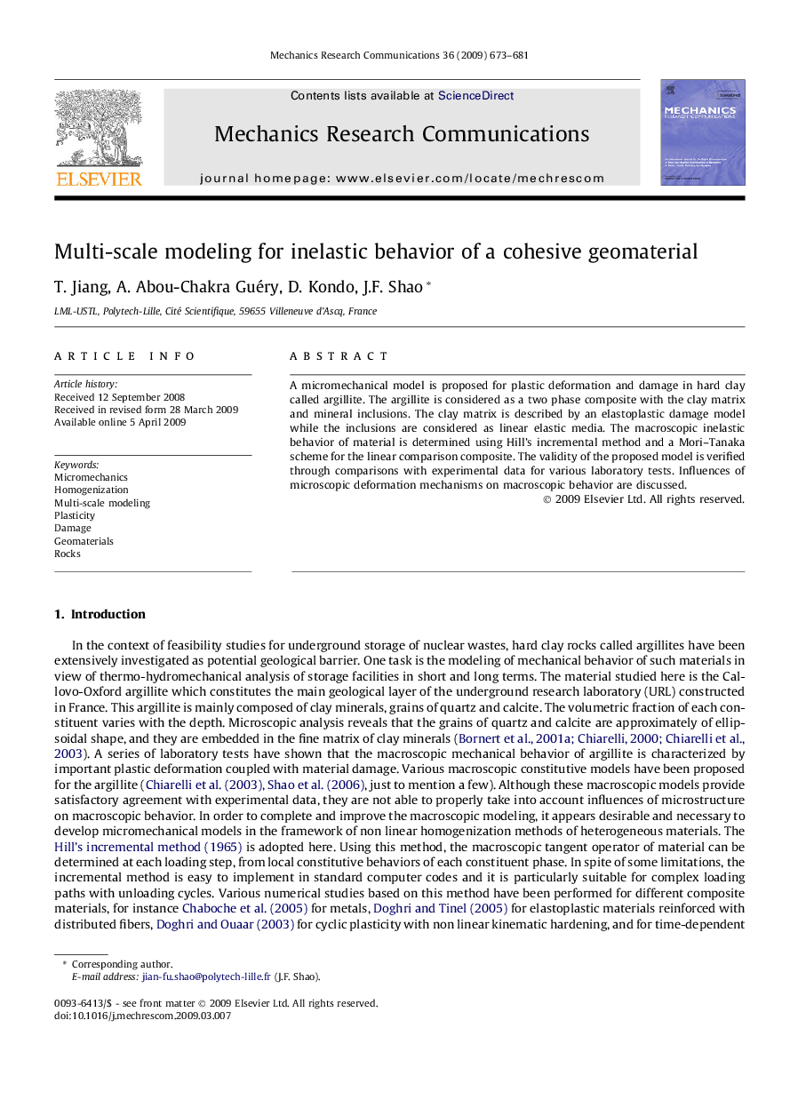 Multi-scale modeling for inelastic behavior of a cohesive geomaterial