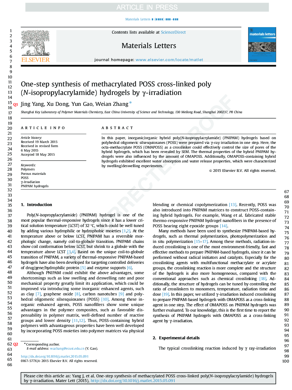 One-step synthesis of methacrylated POSS cross-linked poly(N-isopropylacrylamide) hydrogels by Î³-irradiation