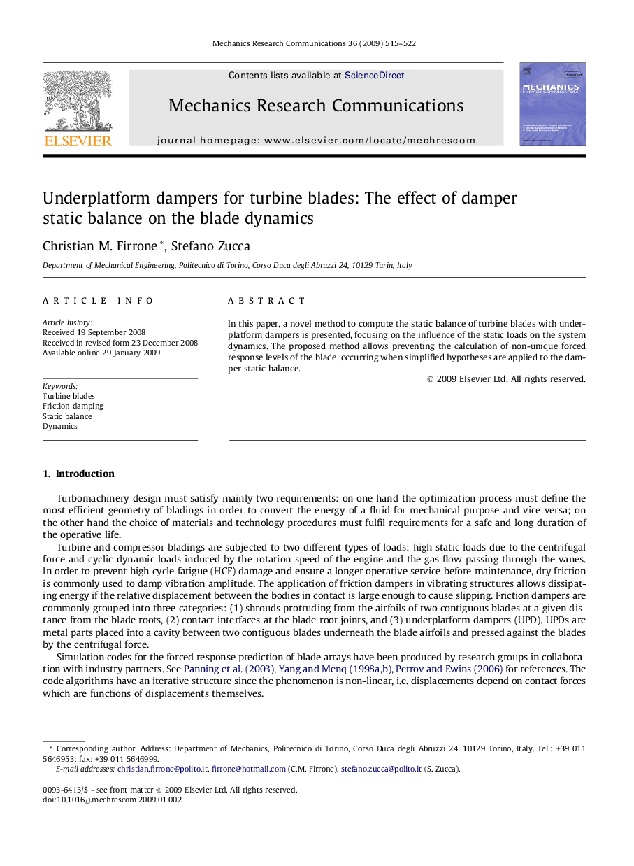 Underplatform dampers for turbine blades: The effect of damper static balance on the blade dynamics