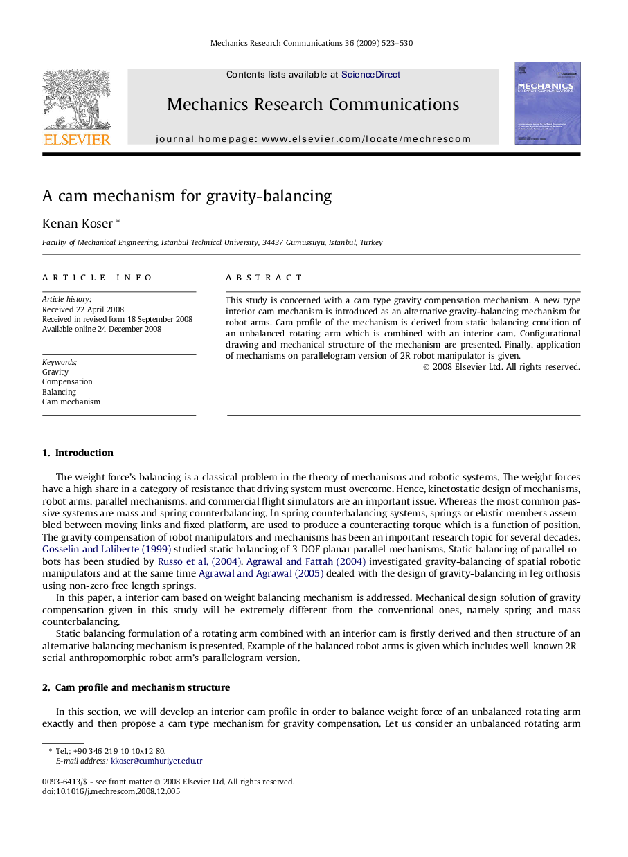 A cam mechanism for gravity-balancing