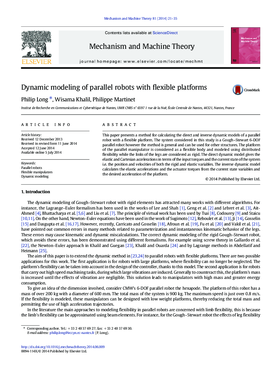 Dynamic modeling of parallel robots with flexible platforms