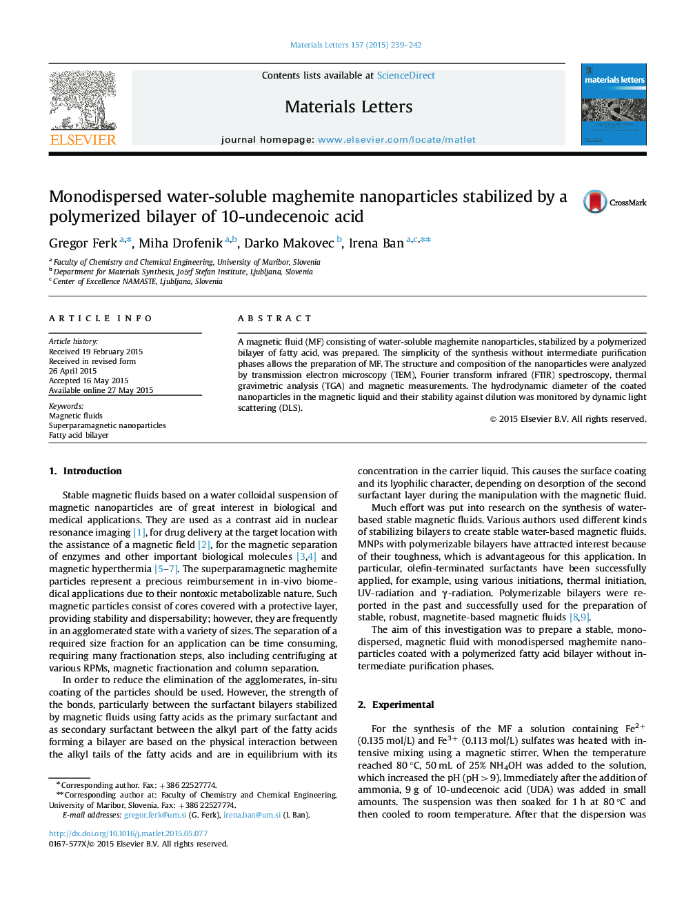 Monodispersed water-soluble maghemite nanoparticles stabilized by a polymerized bilayer of 10-undecenoic acid