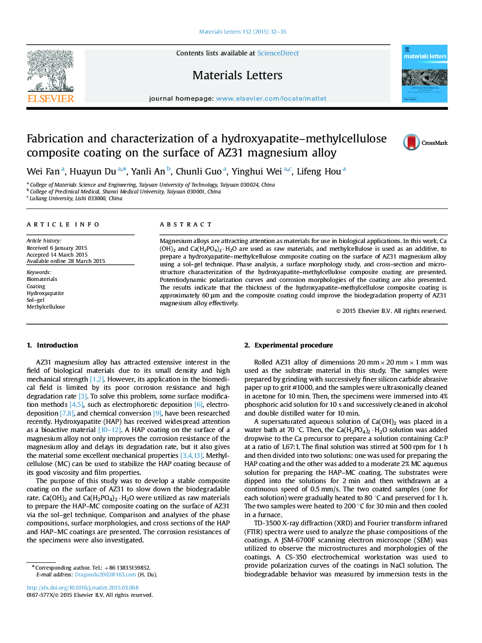 Fabrication and characterization of a hydroxyapatite-methylcellulose composite coating on the surface of AZ31 magnesium alloy