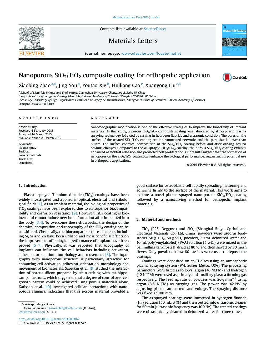 Nanoporous SiO2/TiO2 composite coating for orthopedic application