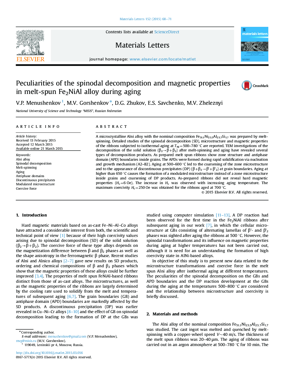 Peculiarities of the spinodal decomposition and magnetic properties in melt-spun Fe2NiAl alloy during aging