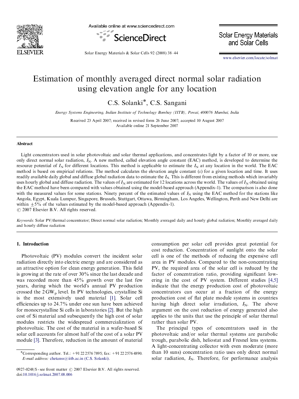 Estimation of monthly averaged direct normal solar radiation using elevation angle for any location